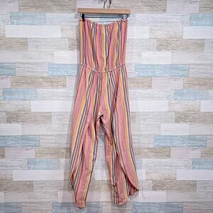 DREW Emerson Linen Tube Jumpsuit Striped Strapless Tulip Slit Leg Womens Small